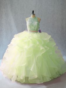 Yellow Green Ball Gowns Beading and Ruffles Quinceanera Gown Backless Organza Sleeveless