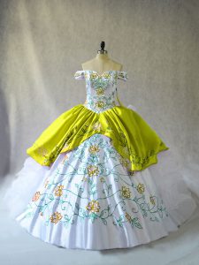 Yellow Green Sleeveless Floor Length Embroidery and Ruffles Lace Up Quinceanera Gown