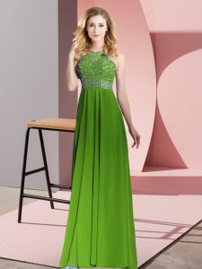 Eye-catching Green Chiffon Backless Scoop Sleeveless Floor Length Prom Party Dress Beading