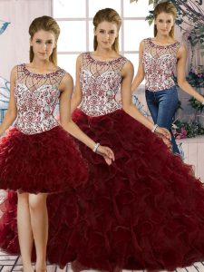 Sexy Beading and Ruffles Sweet 16 Dresses Burgundy Lace Up Sleeveless Floor Length
