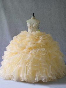 Designer Gold Ball Gowns Strapless Sleeveless Organza Floor Length Lace Up Beading and Ruffles and Pick Ups Quinceanera Dress