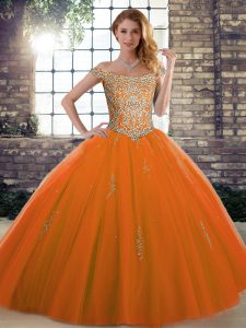 Orange Red Lace Up Off The Shoulder Beading Quinceanera Dress Tulle Sleeveless