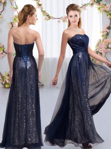 Sweetheart Sleeveless Lace Up Quinceanera Court of Honor Dress Navy Blue Chiffon and Sequined