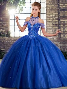 Exquisite Brush Train Ball Gowns Ball Gown Prom Dress Royal Blue Halter Top Tulle Sleeveless Lace Up