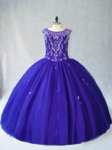 Royal Blue Scoop Neckline Beading Quinceanera Gown Sleeveless Lace Up