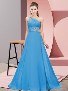 Luxury Blue Lace Up Prom Dress Beading Sleeveless Floor Length