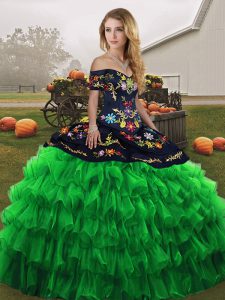 Designer Off The Shoulder Sleeveless Organza Quinceanera Dresses Embroidery and Ruffled Layers Lace Up
