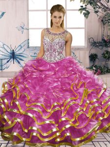 Fuchsia Sleeveless Floor Length Beading and Ruffles Lace Up Sweet 16 Dress