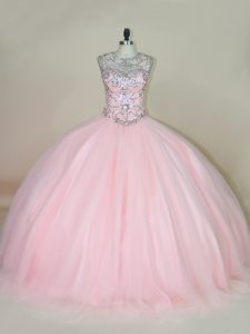 Popular Scoop Sleeveless Quinceanera Dresses Beading Baby Pink Tulle