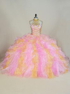 Captivating Beading and Ruffles Ball Gown Prom Dress Multi-color Lace Up Sleeveless Floor Length