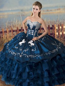 New Style Sweetheart Sleeveless Quinceanera Dresses Floor Length Embroidery and Ruffles Navy Blue Satin and Organza