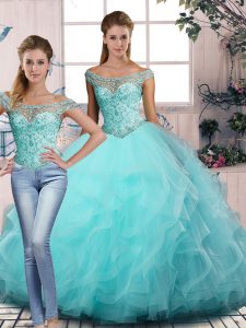 Floor Length Lace Up Quince Ball Gowns Aqua Blue for Sweet 16 and Quinceanera with Beading and Ruffles