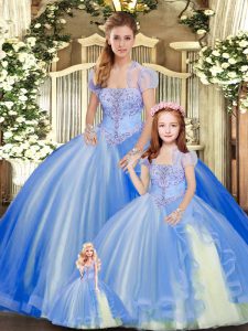 Strapless Sleeveless Lace Up Quince Ball Gowns Blue Tulle