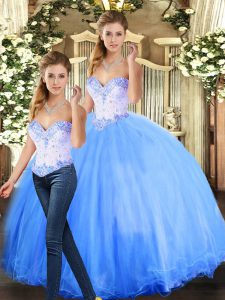 Blue Ball Gowns Beading Quinceanera Dress Lace Up Tulle Sleeveless Floor Length