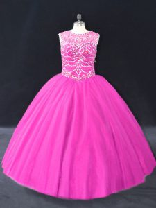 Traditional Fuchsia Scoop Neckline Beading Quinceanera Gown Sleeveless Lace Up