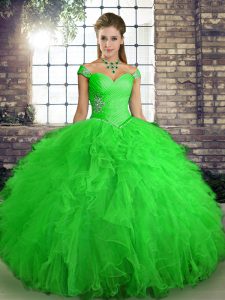 Floor Length Green Sweet 16 Dress Tulle Sleeveless Beading and Ruffles