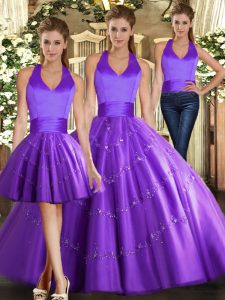 Decent Purple Halter Top Neckline Beading Vestidos de Quinceanera Sleeveless Lace Up