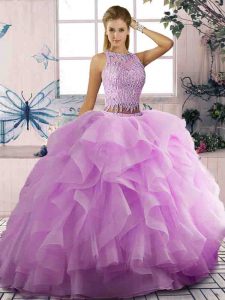 Fashionable Scoop Sleeveless Lace Up 15 Quinceanera Dress Lilac Tulle