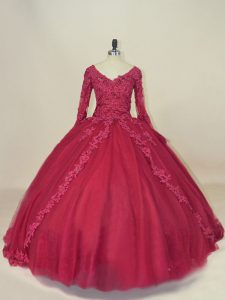 Chic Red Ball Gowns V-neck Long Sleeves Tulle Floor Length Lace Up Lace and Appliques 15th Birthday Dress