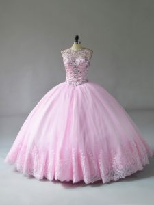 Ideal Baby Pink Lace Up Scoop Beading and Appliques Vestidos de Quinceanera Tulle Sleeveless