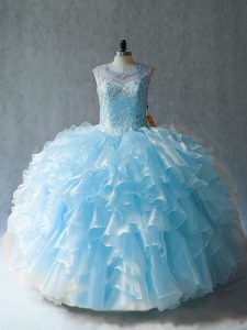 Enchanting Beading and Ruffles 15th Birthday Dress Blue Lace Up Sleeveless Floor Length