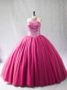 Fitting Hot Pink Lace Up Sweet 16 Dress Beading Sleeveless Brush Train