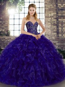Exceptional Sweetheart Sleeveless 15th Birthday Dress Floor Length Beading and Ruffles Purple Organza