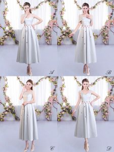 Silver Sleeveless Tea Length Appliques Lace Up Court Dresses for Sweet 16