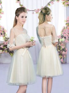 Champagne Lace Up Scoop Lace and Bowknot Dama Dress for Quinceanera Tulle Half Sleeves