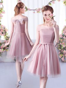 Pink Vestidos de Damas Wedding Party with Belt Off The Shoulder Sleeveless Lace Up