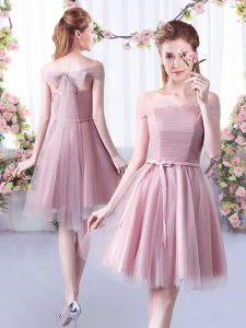 Pink Vestidos de Damas Wedding Party with Belt Off The Shoulder Sleeveless Lace Up
