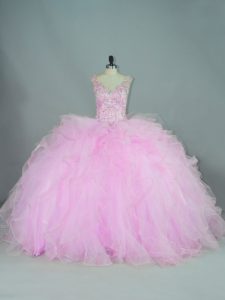 Cute Lilac Ball Gowns Tulle V-neck Sleeveless Beading and Ruffles Lace Up 15th Birthday Dress Brush Train