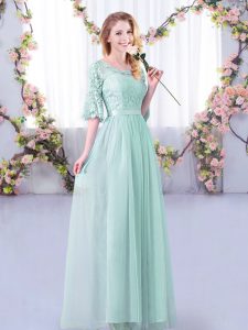 Shining Light Blue Court Dresses for Sweet 16 Wedding Party with Lace and Belt Scoop Half Sleeves Side Zipper