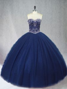 Navy Blue Lace Up Quinceanera Dresses Beading Sleeveless Floor Length