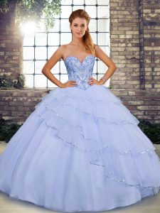 Lavender Ball Gowns Beading and Ruffled Layers Sweet 16 Dress Lace Up Tulle Sleeveless