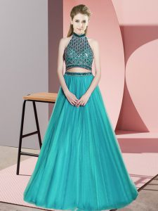 Stylish Floor Length Backless Evening Dress Teal for Prom and Party with Beading