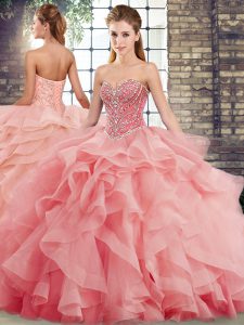 Super Watermelon Red Ball Gowns Beading and Ruffles Quinceanera Gowns Lace Up Tulle Sleeveless