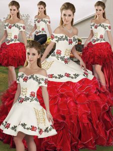 Off The Shoulder Sleeveless Quinceanera Dresses Floor Length Embroidery and Ruffles White And Red Organza