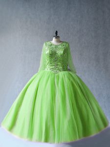 Floor Length Yellow Green 15 Quinceanera Dress Scoop Long Sleeves Lace Up
