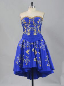 Deluxe Royal Blue A-line Taffeta Sweetheart Sleeveless Embroidery Mini Length Lace Up Prom Party Dress