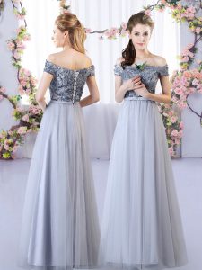 Delicate Grey Off The Shoulder Neckline Appliques Quinceanera Court Dresses Sleeveless Lace Up