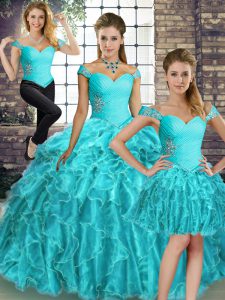 Dramatic Aqua Blue Quinceanera Gowns Military Ball and Sweet 16 and Quinceanera with Beading and Ruffles Off The Shoulder Sleeveless Brush Train Lace Up
