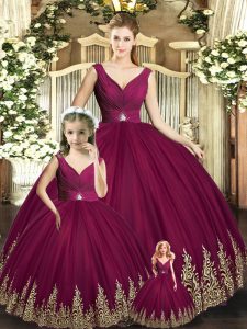 Ball Gowns Quinceanera Dress Burgundy V-neck Tulle Sleeveless Floor Length Backless