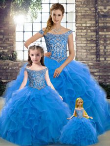 Off The Shoulder Sleeveless Brush Train Lace Up Quinceanera Gowns Blue Tulle