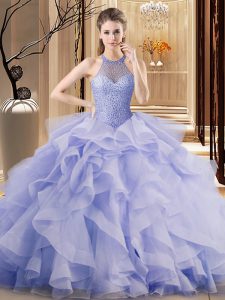 Gorgeous Halter Top Sleeveless Organza Quinceanera Dresses Ruffles Brush Train Lace Up