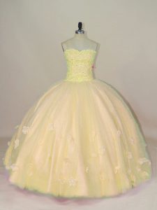 Beading and Hand Made Flower Quince Ball Gowns Yellow Lace Up Sleeveless Floor Length