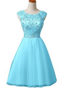 Delicate Baby Blue Tulle Zipper Evening Dress Sleeveless Mini Length Beading