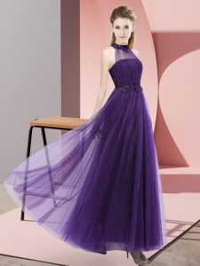 Ideal Purple Sleeveless Floor Length Beading and Appliques Lace Up Dama Dress for Quinceanera