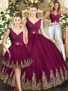 Admirable Burgundy Tulle Backless V-neck Sleeveless Floor Length Sweet 16 Quinceanera Dress Beading and Appliques