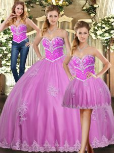 Lilac Tulle Lace Up Sweetheart Sleeveless Floor Length Ball Gown Prom Dress Beading and Appliques